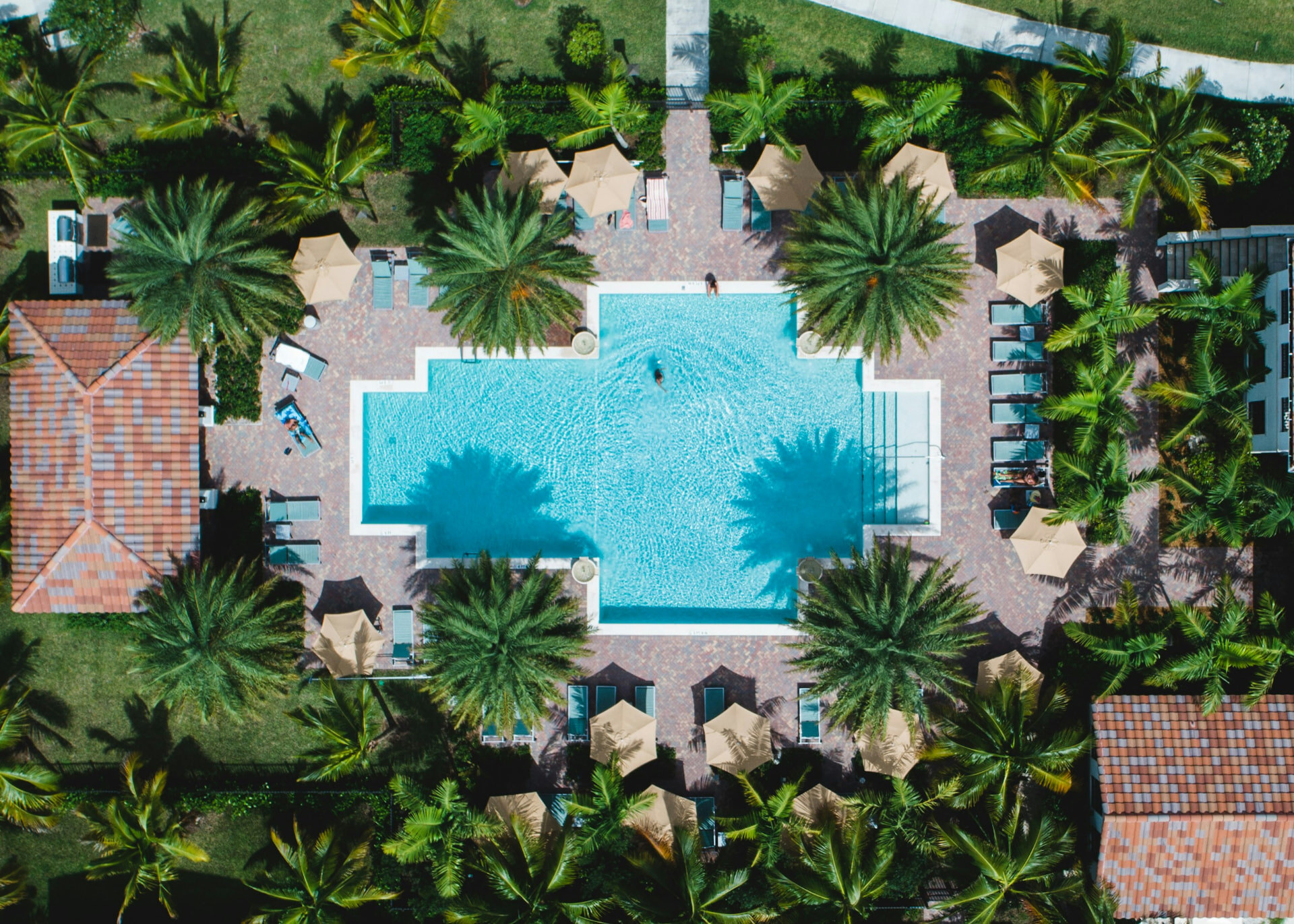 Aerial view of a South Florida resort pool framed by palms